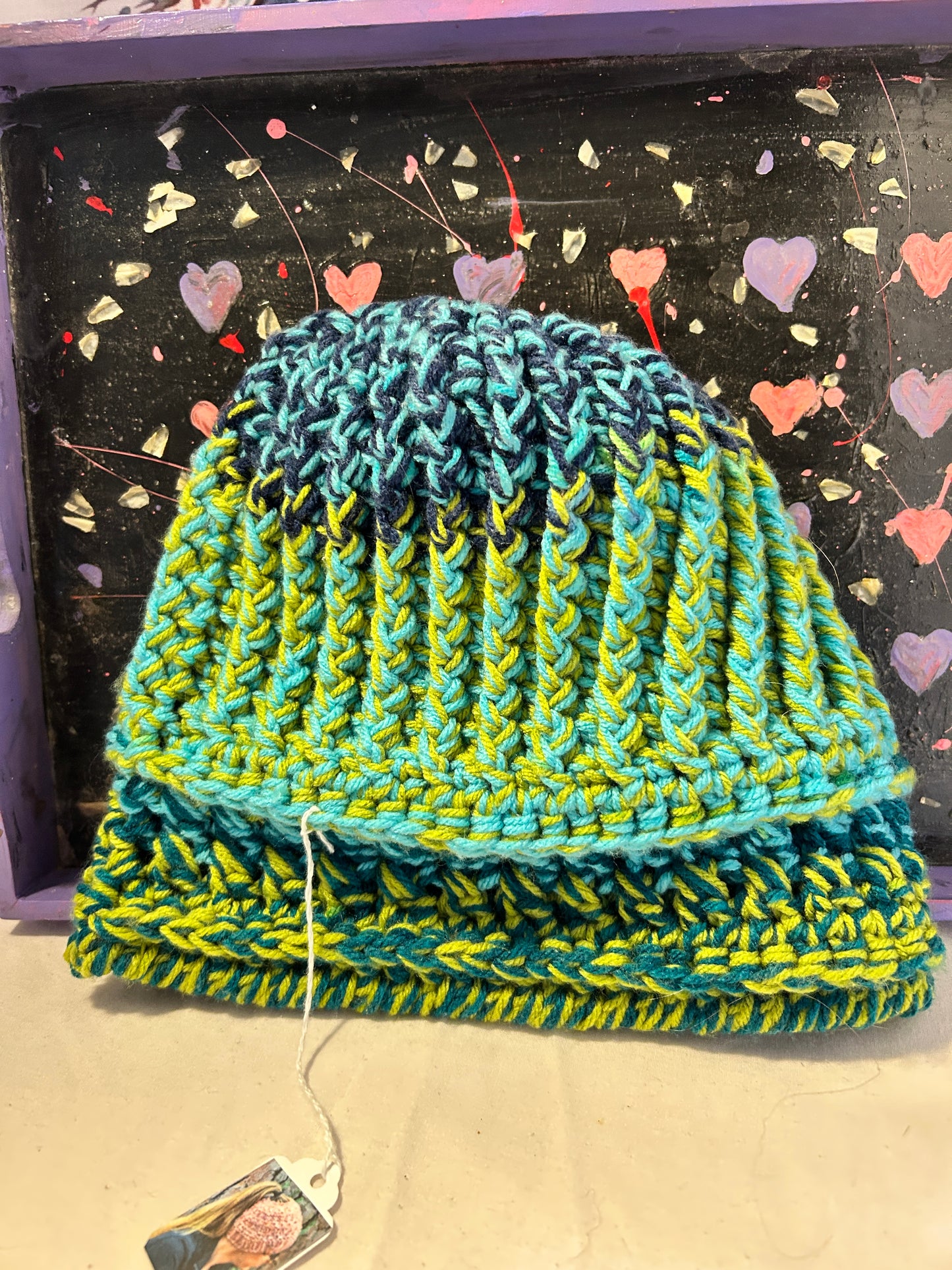 Adult wool hat blue green ponytail