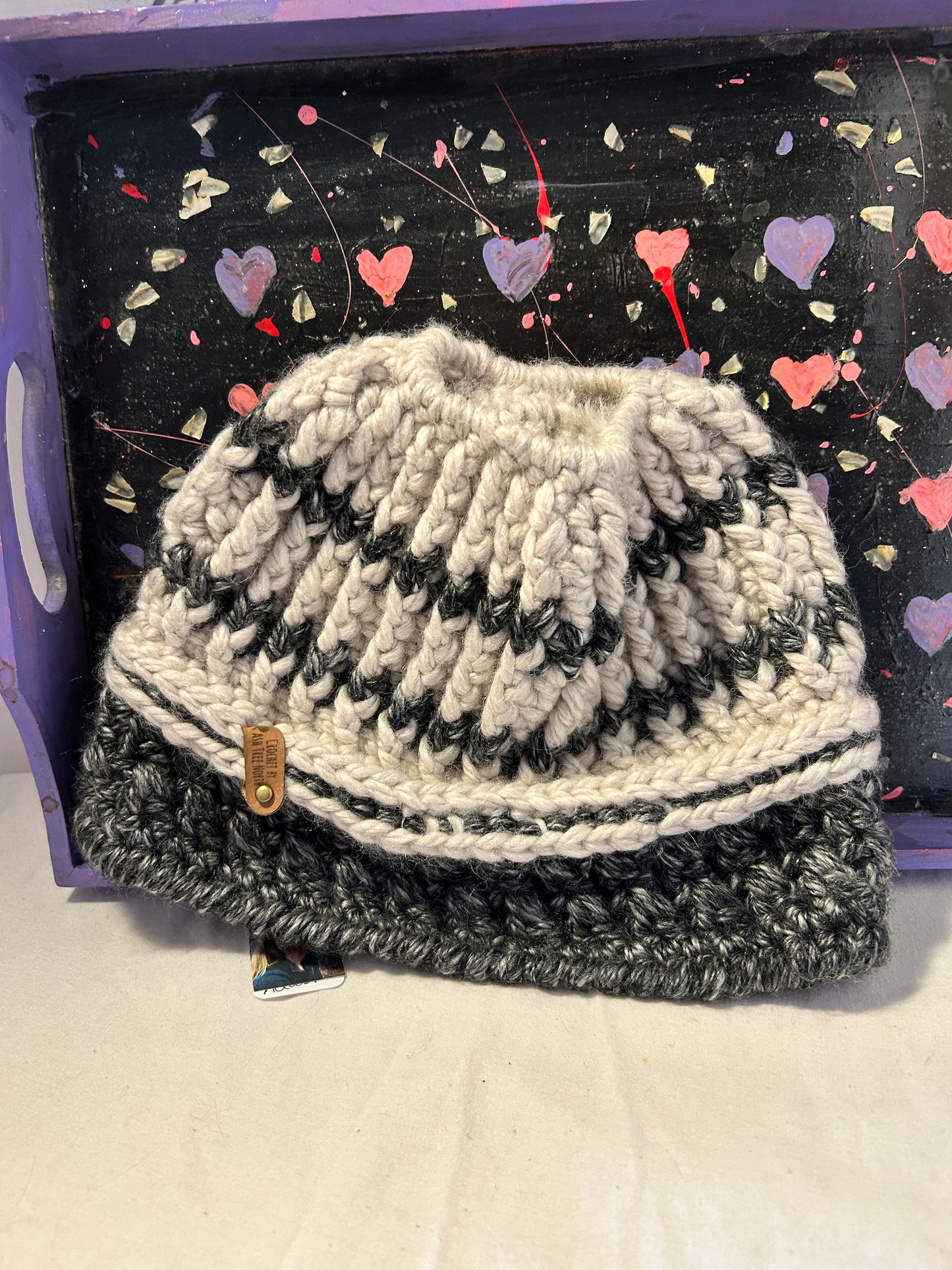 Wool adult size pony hat white and black