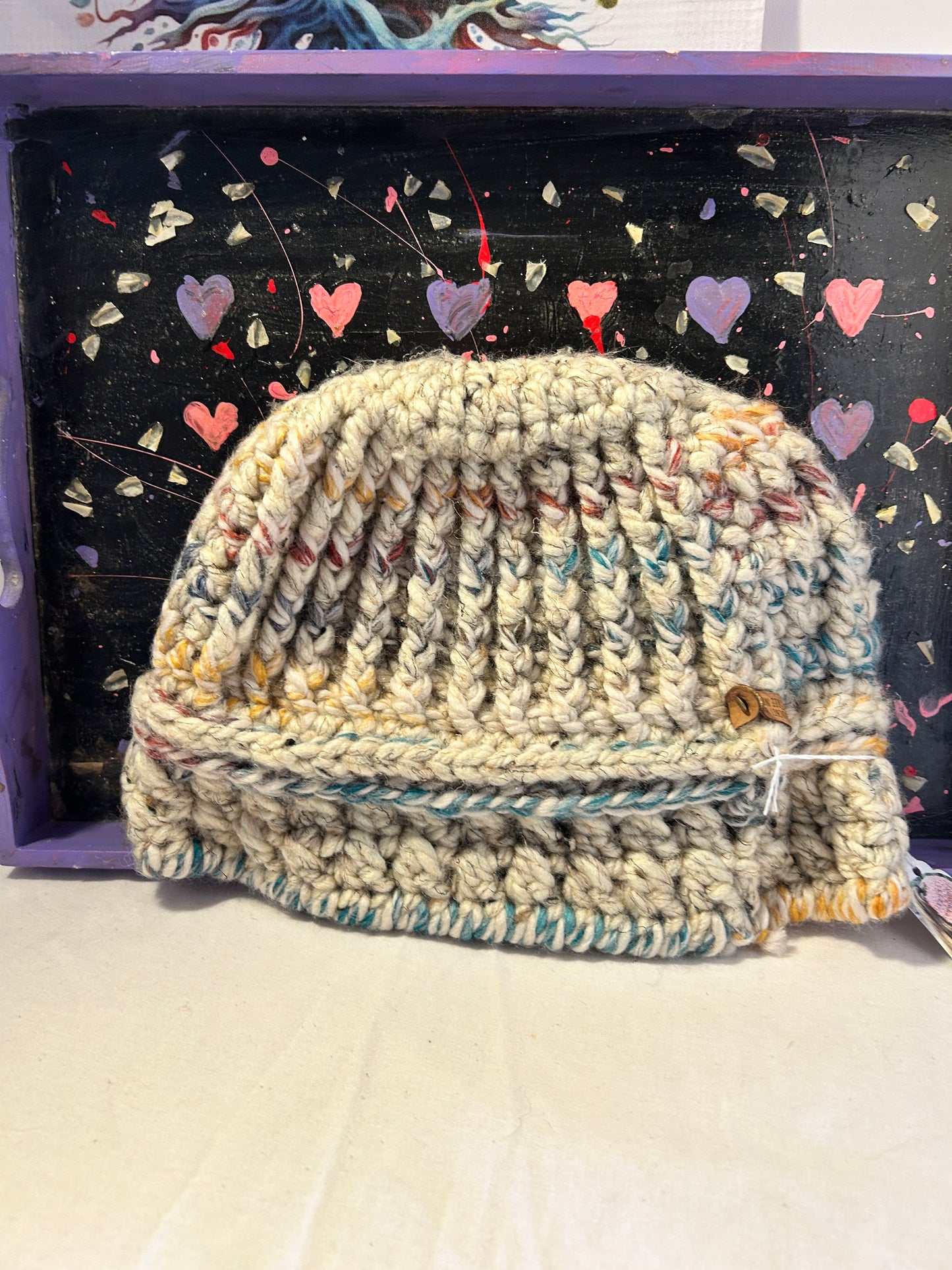 Wool adult hat pony style- off white variegated