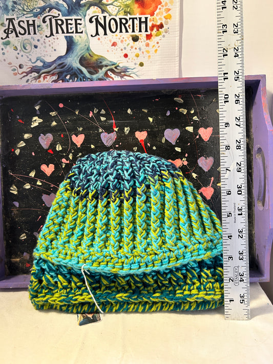 Adult wool hat blue green ponytail